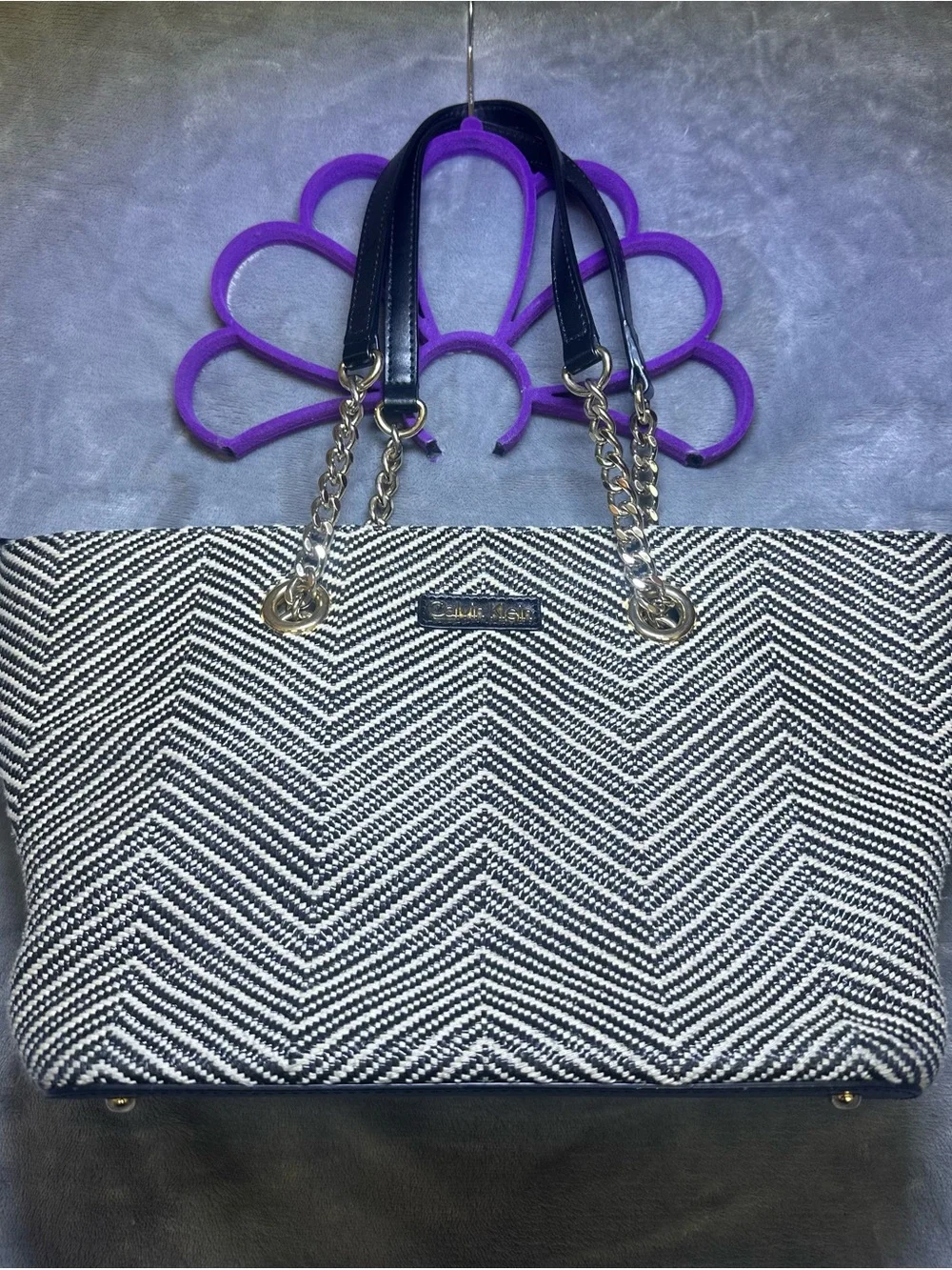 Calvin Klein Navy and White Chevron Tote with Black Leather Straps